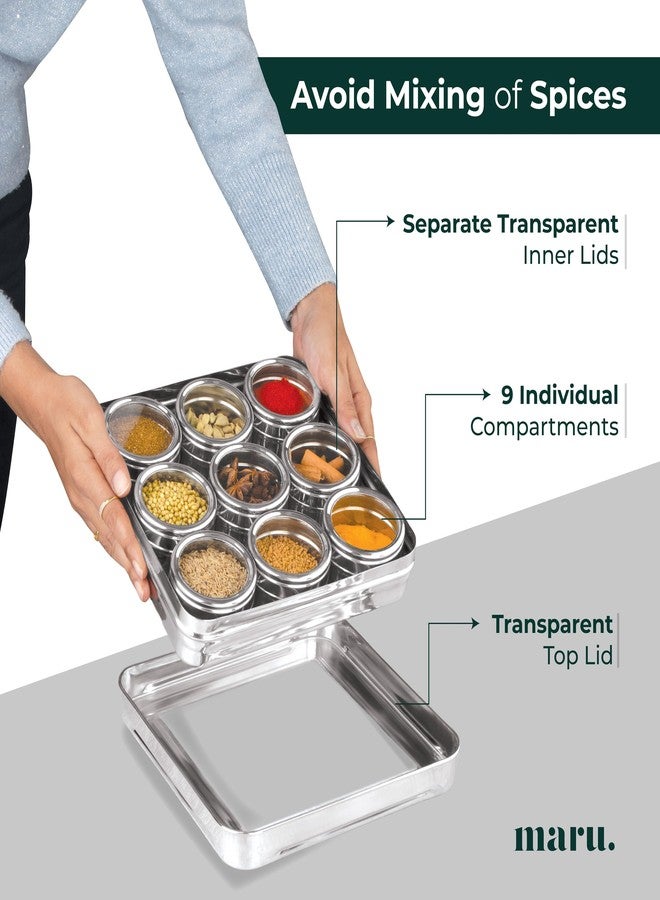 مارو علبة ماسالا مربعة من الفولاذ المقاوم للصدأ من مارو، سعة 140 مل لكل علبة، مزودة بأغطية شفافة، محكمة الإغلاق، متعددة الاستخدامات لتخزين التوابل والفواكه المجففة والمخواس وغيرها، لون فضي. - Image 3